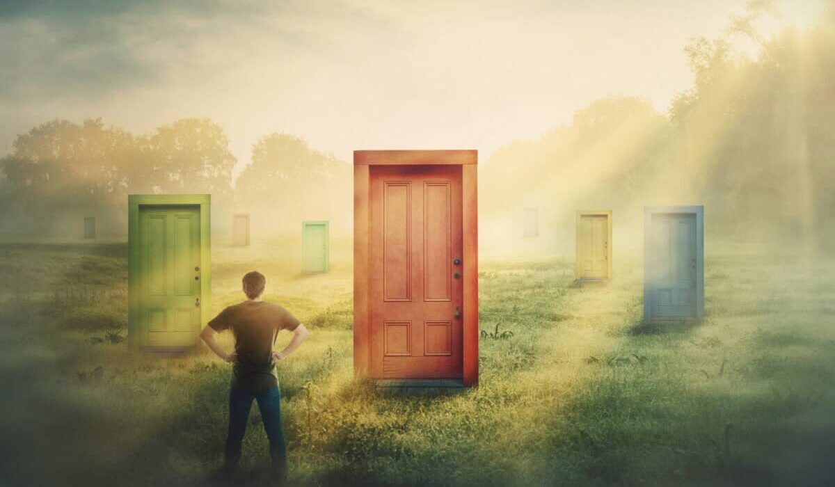 Canadian investor contemplating U.S. stocks with multiple doors to choose from.