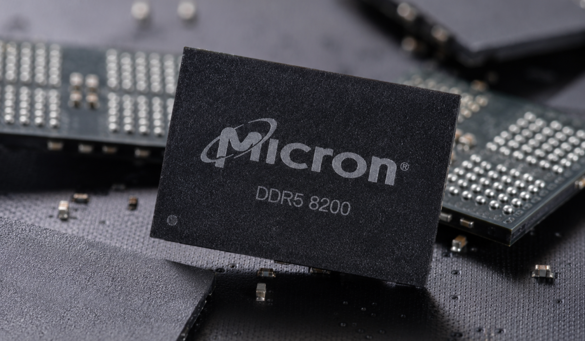 Micron DDR5 8200 memory chip displayed among semiconductor components.
