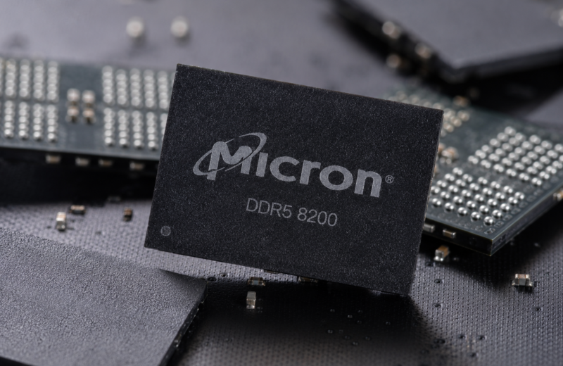 Micron DDR5 8200 memory chip displayed among semiconductor components.